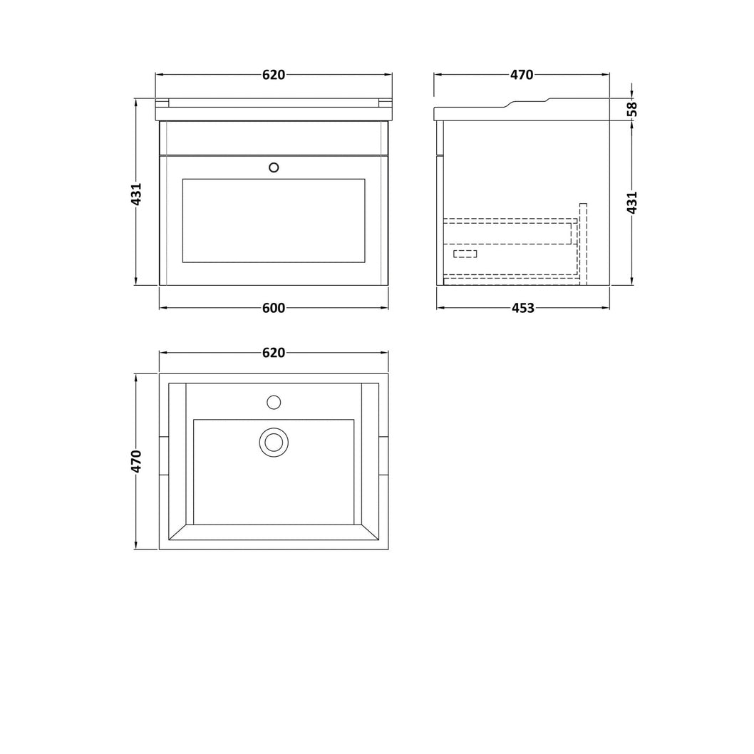 Nuie Classique 600mm Wall Hung 1 Drawer Vanity & Basin 1th Traditional Satin Green MFC Painted Matt 489x620x470mm - JJ Building Materials