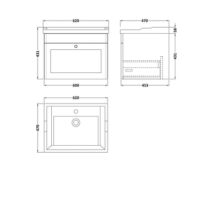 Nuie Classique 600mm Wall Hung 1 Drawer Vanity & Basin 1th Traditional Satin Green MFC Painted Matt 489x620x470mm - JJ Building Materials
