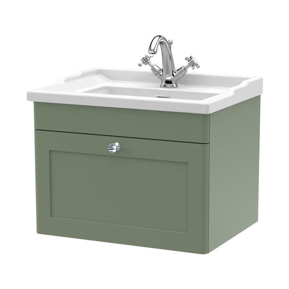 Nuie Classique 600mm Wall Hung 1 Drawer Vanity & Basin 1th Traditional Satin Green MFC Painted Matt 489x620x470mm - JJ Building Materials