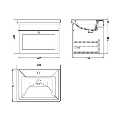 Nuie Classique 600mm Wall Hung 1-drawer Vanity & Basin 1th Traditional Satin Green MFC Painted Matt 496x631x471mm - JJ Building Materials