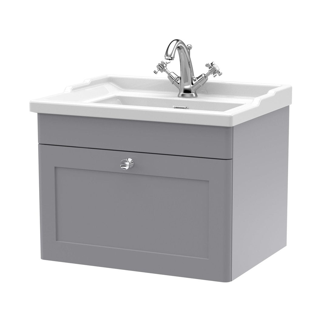 Nuie Classique 600mm Wall Hung 1 Drawer Vanity & Basin 1th Traditional Satin Grey MFC Painted Matt 489x620x470mm - JJ Building Materials