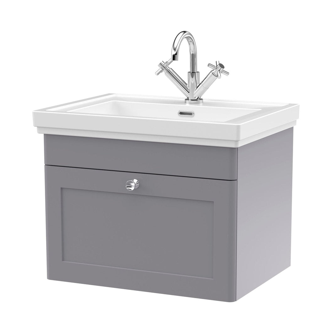Nuie Classique 600mm Wall Hung 1-drawer Vanity & Basin 1th Traditional Satin Grey MFC Painted Matt 496x631x471mm - JJ Building Materials