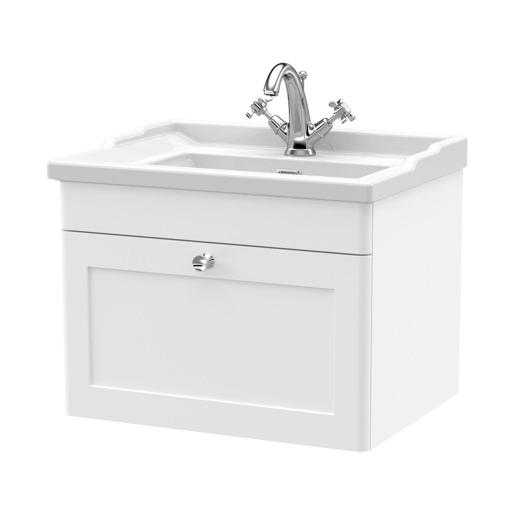 Nuie Classique 600mm Wall Hung 1 Drawer Vanity & Basin 1th Traditional Satin White MFC Painted Matt 489x620x470mm - JJ Building Materials