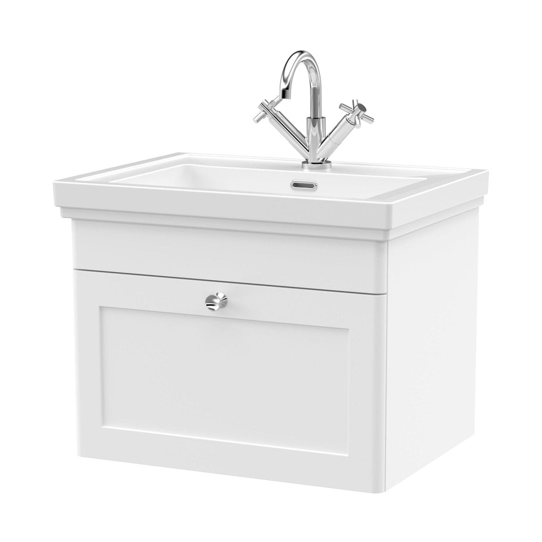 Nuie Classique 600mm Wall Hung 1-drawer Vanity & Basin 1th Traditional Satin White MFC Painted Matt 496x631x471mm - JJ Building Materials