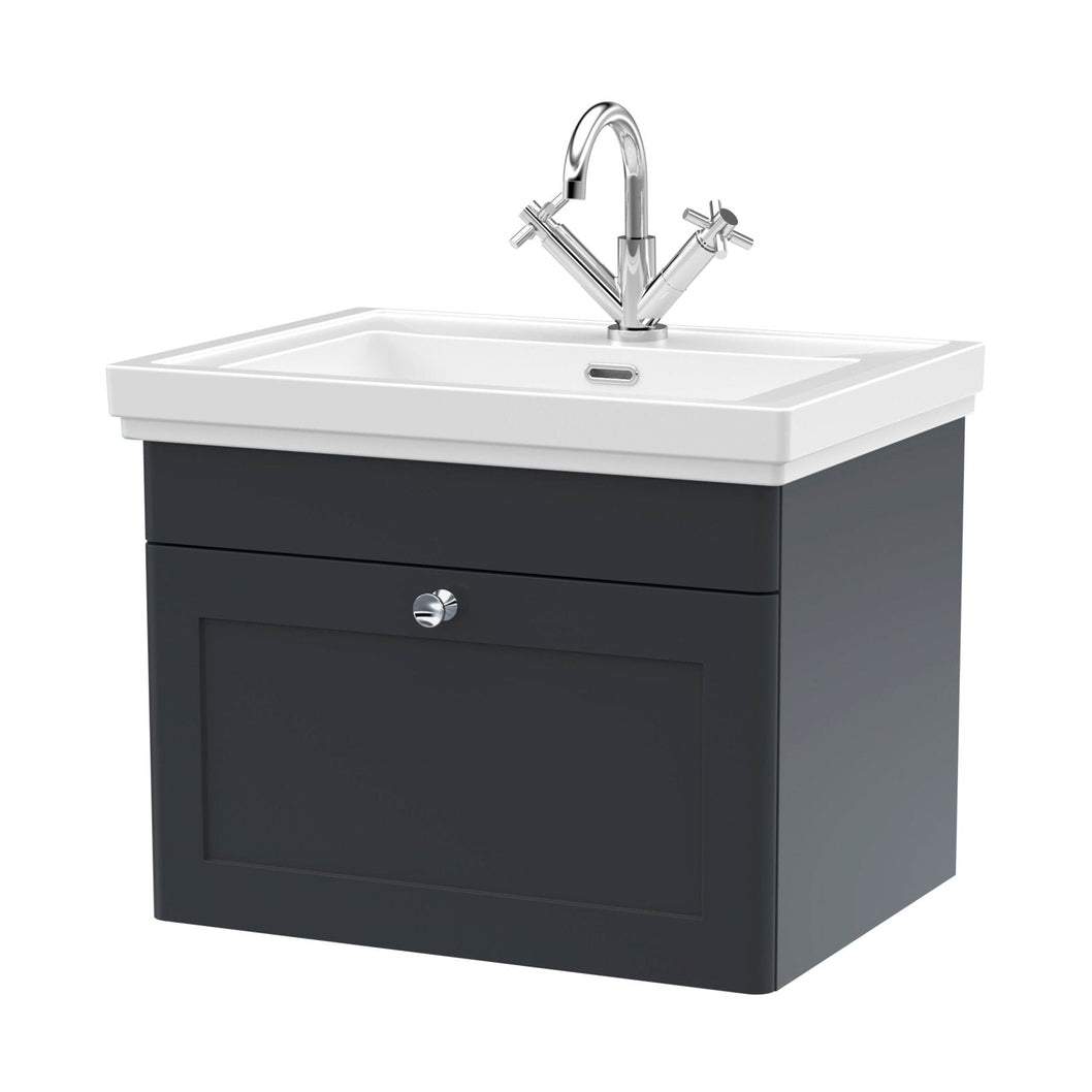 Nuie Classique 600mm Wall Hung 1-drawer Vanity & Basin 1th Traditional Soft Black MFC Painted Matt 496x631x471mm - JJ Building Materials