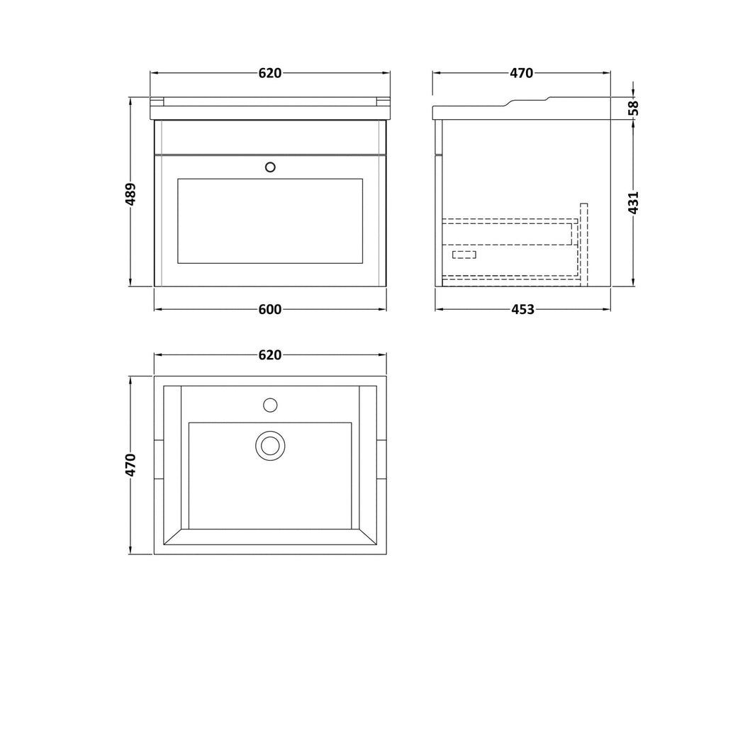 Nuie Classique 600mm Wall Hung 1 Drawer Vanity & Basin 3th Traditional Satin Green MFC Painted Matt 489x620x470mm - JJ Building Materials
