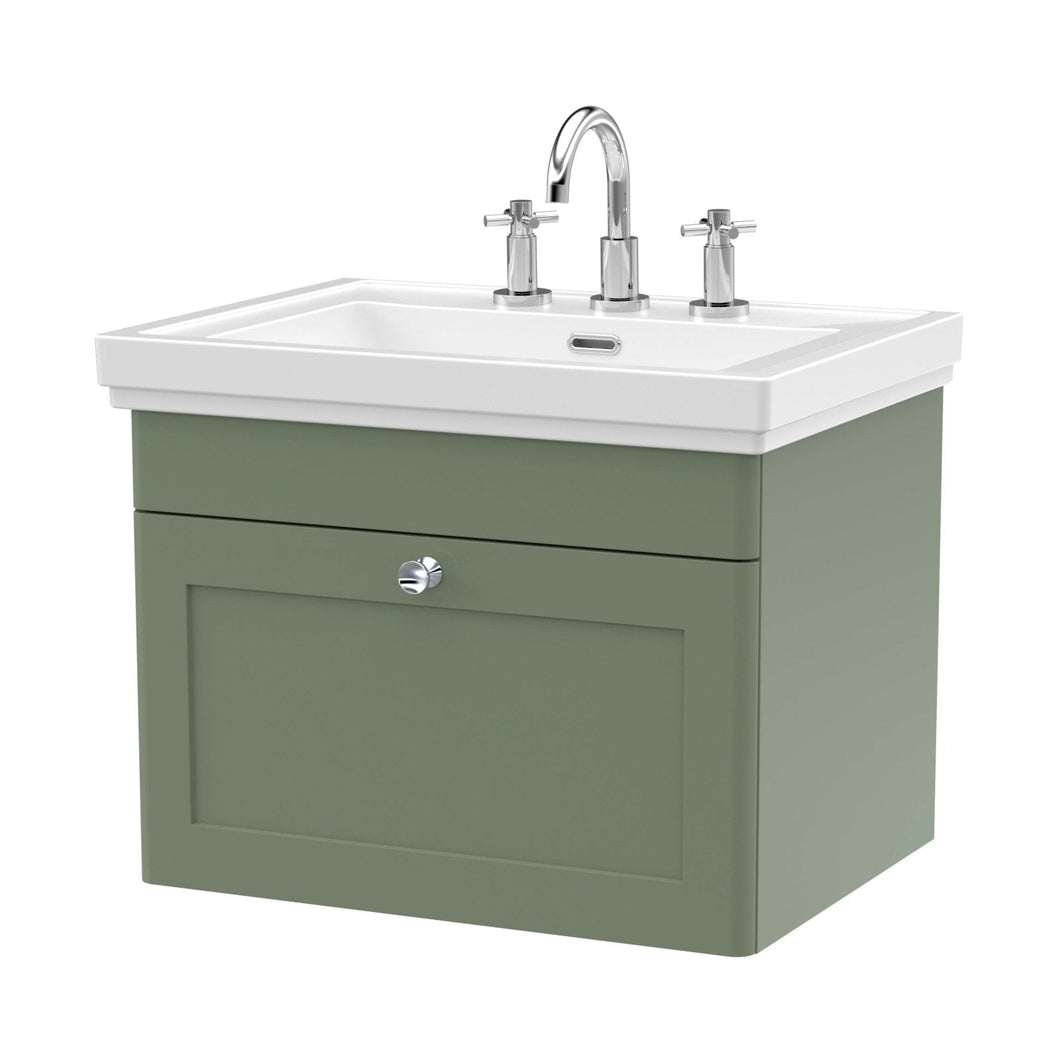 Nuie Classique 600mm Wall Hung 1-drawer Vanity & Basin 3th Traditional Satin Green MFC Painted Matt 496x631x471mm - JJ Building Materials