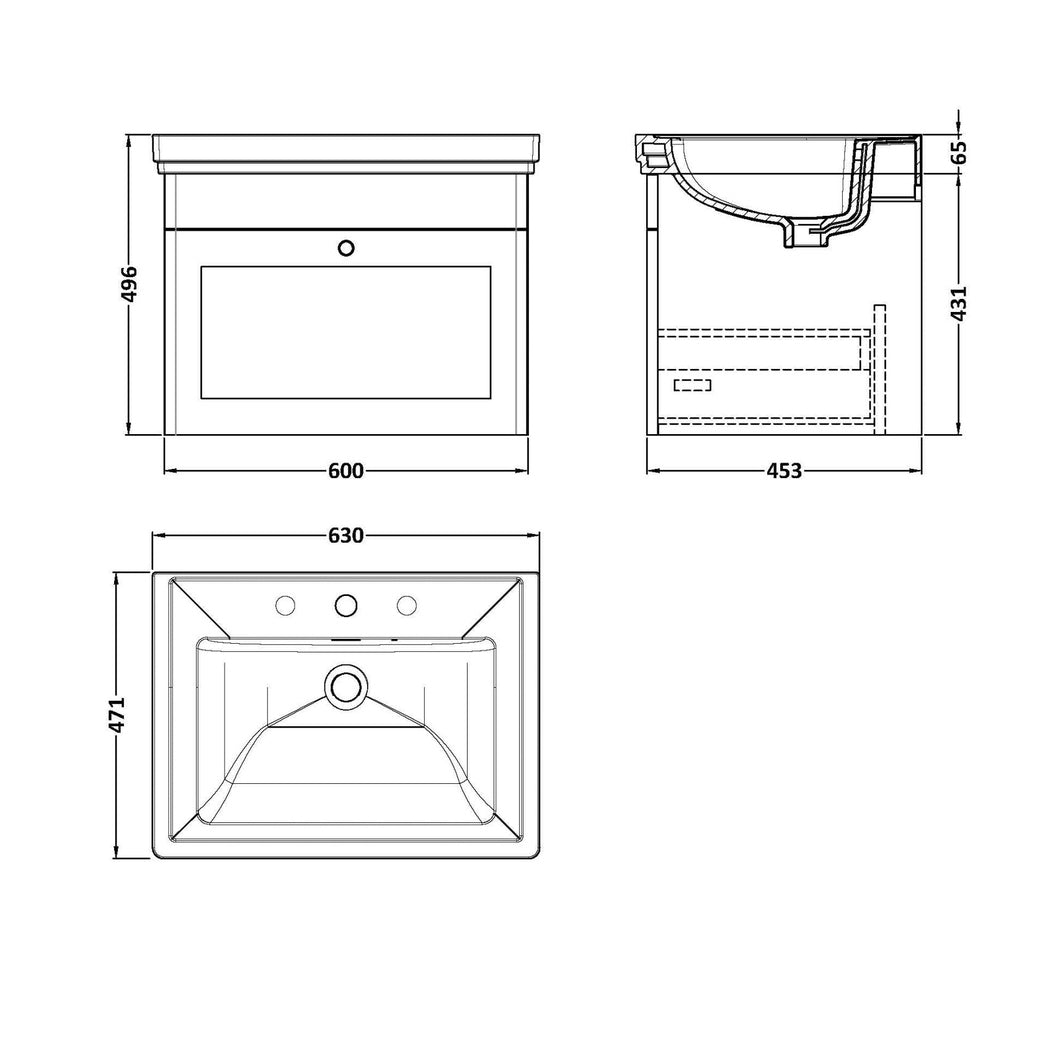 Nuie Classique 600mm Wall Hung 1-drawer Vanity & Basin 3th Traditional Satin Green MFC Painted Matt 496x631x471mm - JJ Building Materials