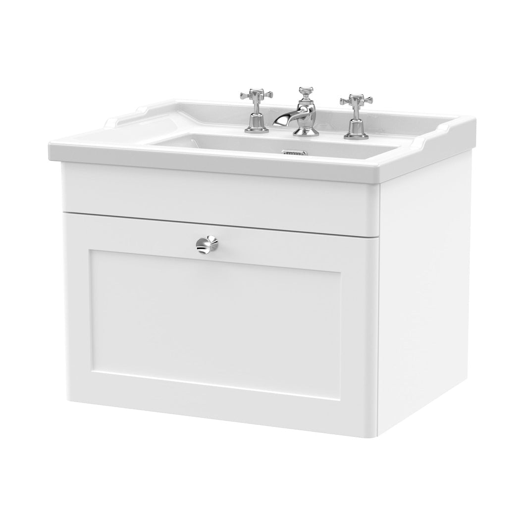 Nuie Classique 600mm Wall Hung 1 Drawer Vanity & Basin 3th Traditional Satin White MFC Painted Matt 489x620x470mm - JJ Building Materials