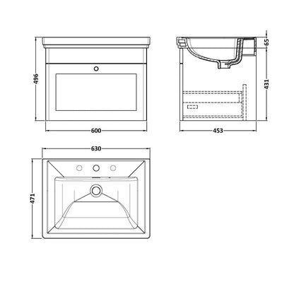 Nuie Classique 600mm Wall Hung 1-drawer Vanity & Basin 3th Traditional Satin White MFC Painted Matt 496x631x471mm - JJ Building Materials