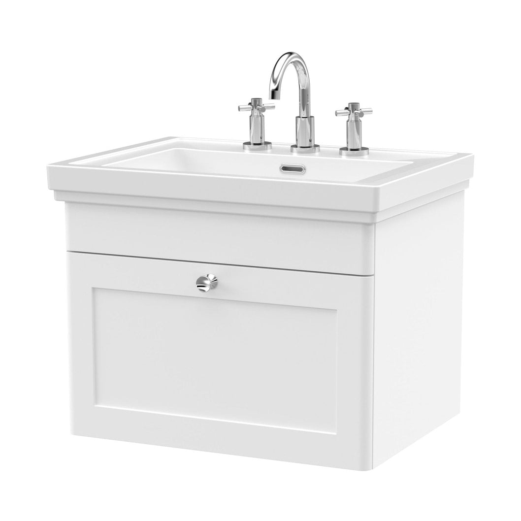 Nuie Classique 600mm Wall Hung 1-drawer Vanity & Basin 3th Traditional Satin White MFC Painted Matt 496x631x471mm - JJ Building Materials