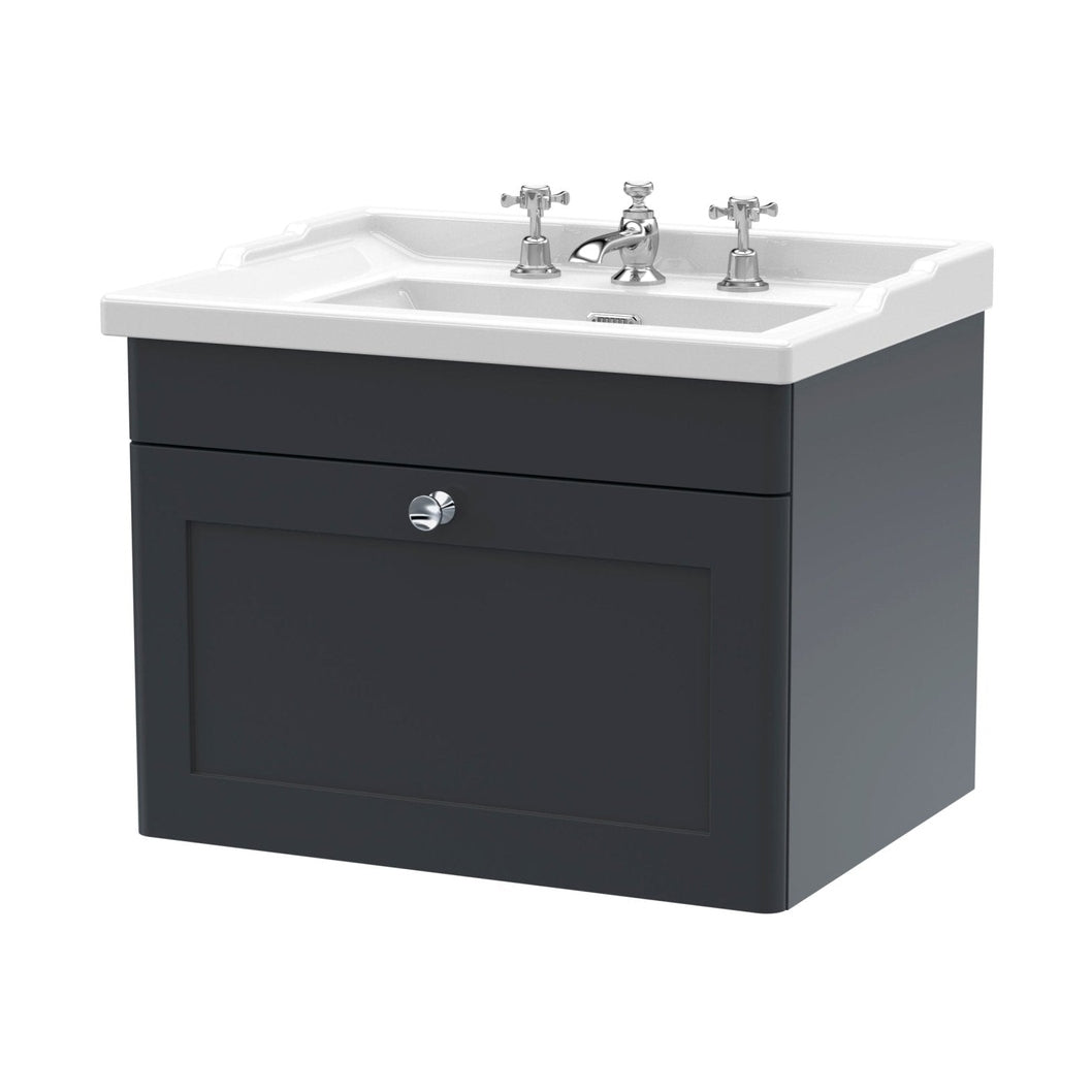 Nuie Classique 600mm Wall Hung 1 Drawer Vanity & Basin 3th Traditional Soft Black MFC Painted Matt 489x620x470mm - JJ Building Materials