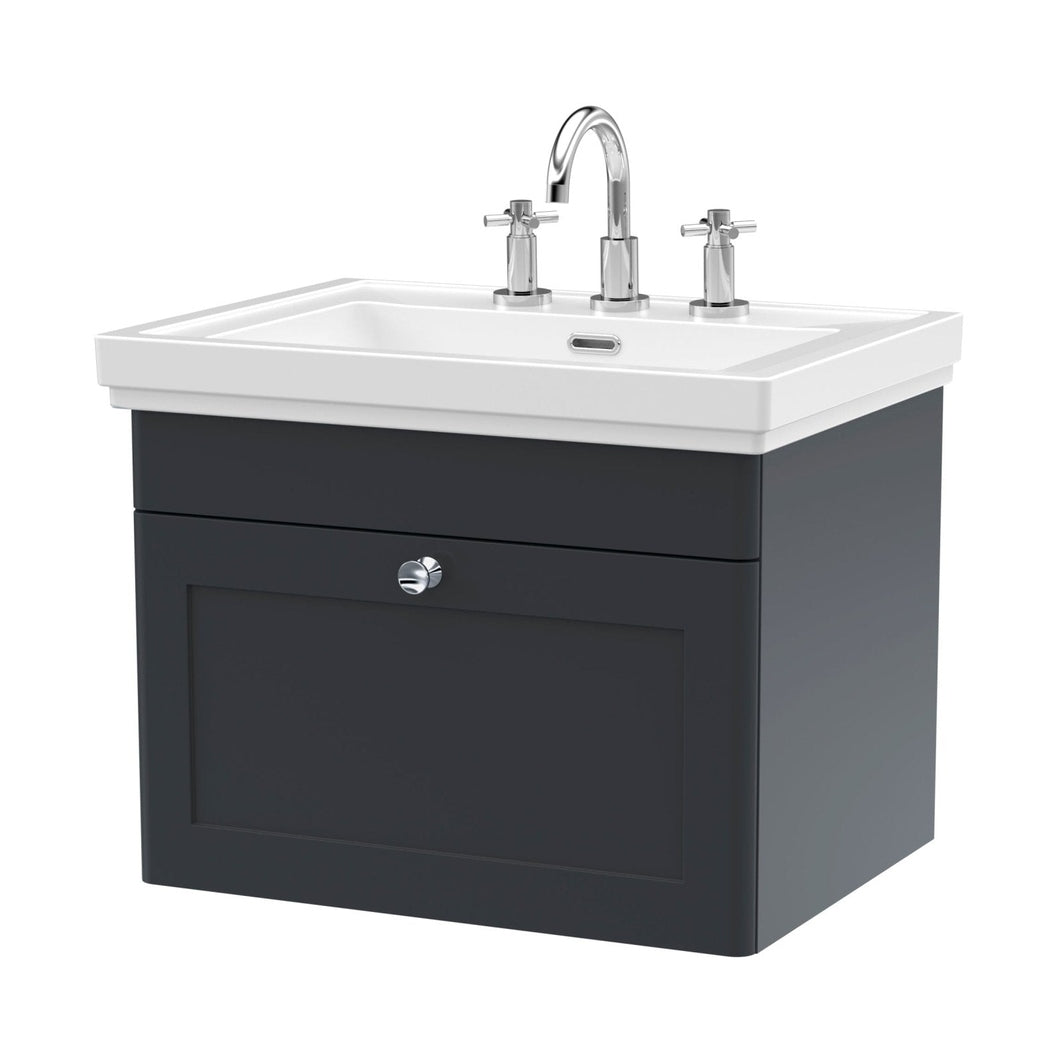 Nuie Classique 600mm Wall Hung 1-drawer Vanity & Basin 3th Traditional Soft Black MFC Painted Matt 496x631x471mm - JJ Building Materials