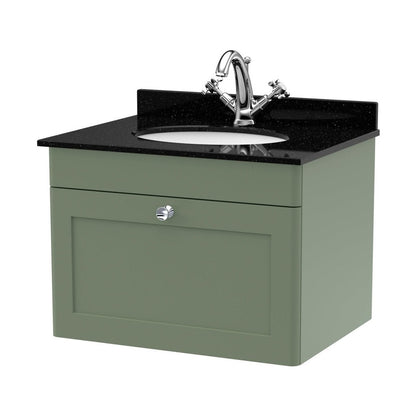 Nuie Classique 600mm Wall Hung 1 Drawer Vanity & Marble Top 1th Traditional Satin Green MFC Painted Matt 445x620x463mm - CLC894BR1 - JJ Building Materials