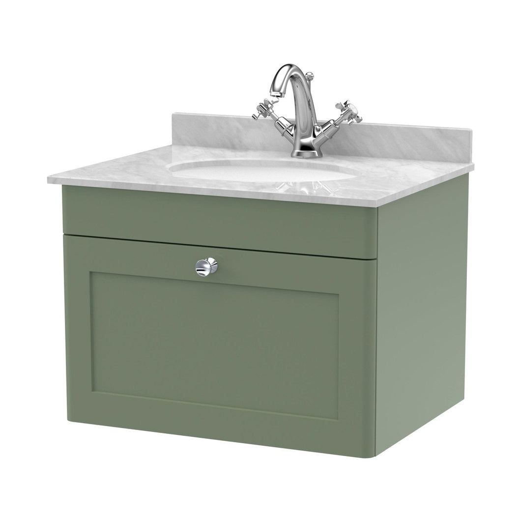Nuie Classique 600mm Wall Hung 1 Drawer Vanity & Marble Top 1th Traditional Satin Green MFC Painted Matt 445x620x463mm - CLC894GR1 - JJ Building Materials