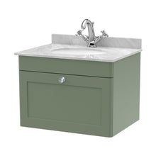 Nuie Classique 600mm Wall Hung 1 Drawer Vanity & Marble Top 1th Traditional Satin Green MFC Painted Matt 445x620x463mm - CLC894GR1 - JJ Building Materials