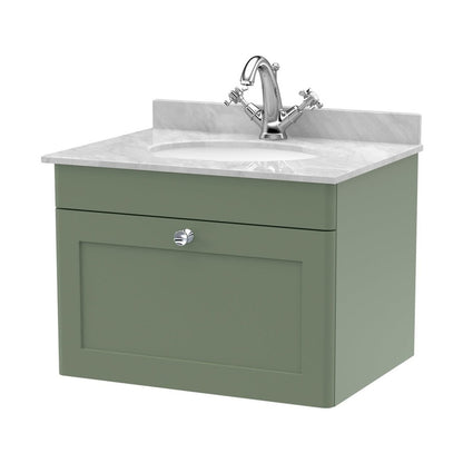 Nuie Classique 600mm Wall Hung 1 Drawer Vanity & Marble Top 1th Traditional Satin Green MFC Painted Matt 445x620x463mm - CLC894GR1 - JJ Building Materials