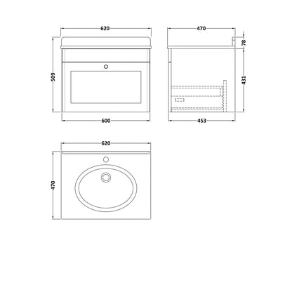 Nuie Classique 600mm Wall Hung 1 Drawer Vanity & Marble Top 1th Traditional Satin Green MFC Painted Matt 445x620x463mm - CLC894GR1 - JJ Building Materials