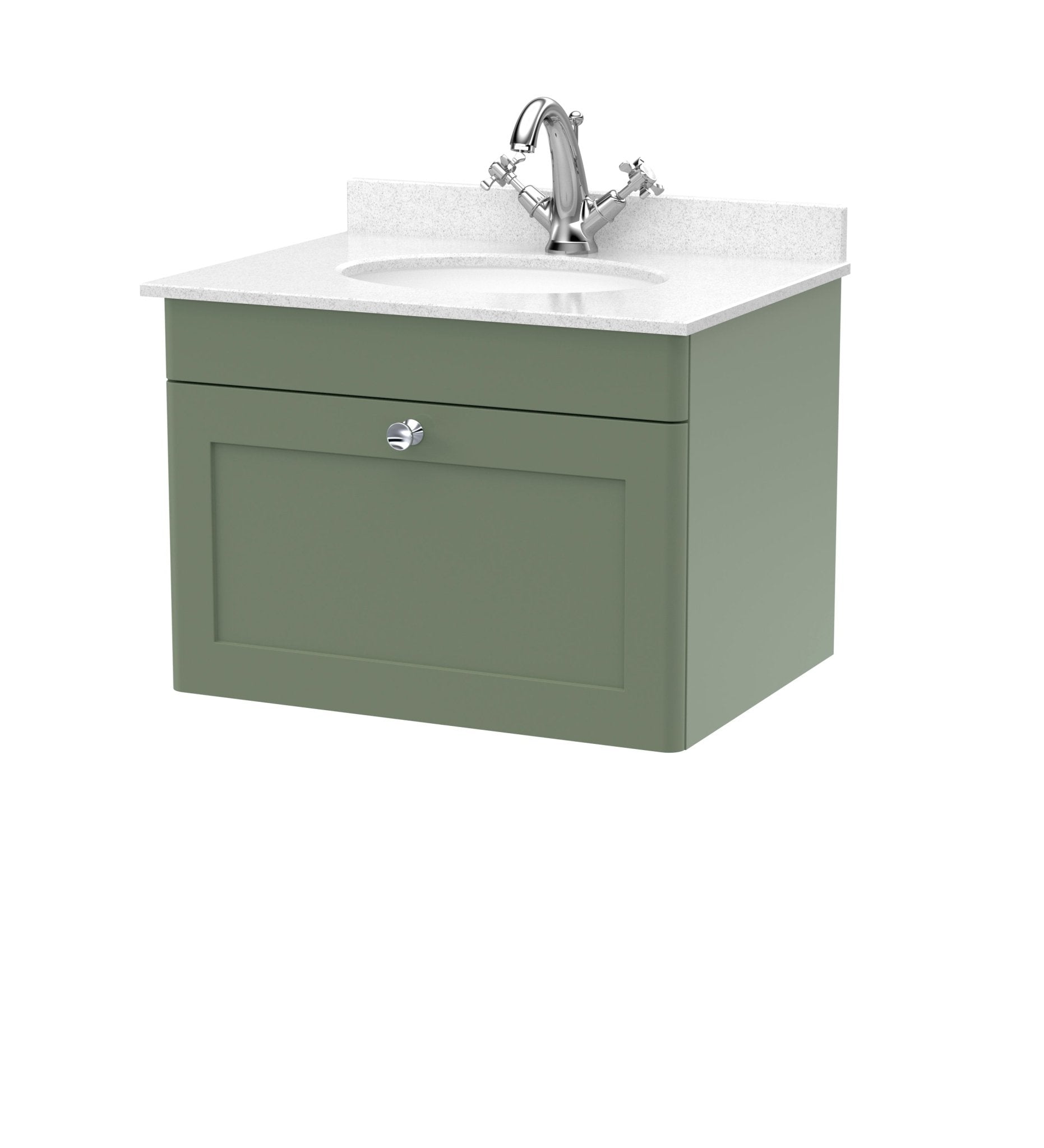 Nuie Classique 600mm Wall Hung 1 Drawer Vanity & Marble Top 1th Traditional Satin Green MFC Painted Matt 445x620x463mm - CLC894WR1 - JJ Building Materials