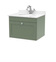 Nuie Classique 600mm Wall Hung 1 Drawer Vanity & Marble Top 1th Traditional Satin Green MFC Painted Matt 445x620x463mm - CLC894WR1 - JJ Building Materials