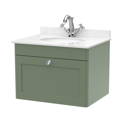 Nuie Classique 600mm Wall Hung 1 Drawer Vanity & Marble Top 1th Traditional Satin Green MFC Painted Matt 445x620x463mm - CLC894WR1 - JJ Building Materials
