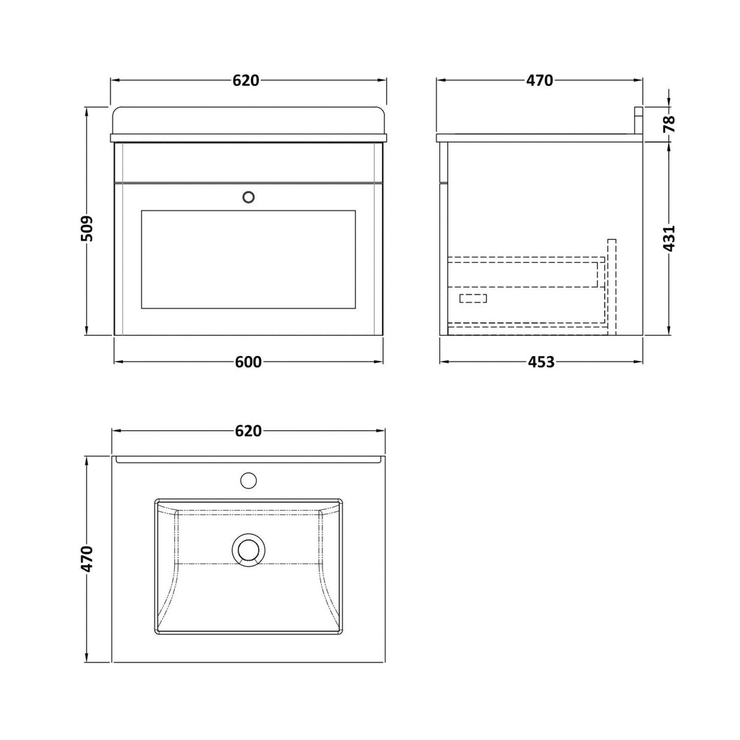 Nuie Classique 600mm Wall Hung 1 Drawer Vanity & Marble Top 1th Traditional Satin Green MFC Painted Matt 445x620x463mm - CLC894WS1 - JJ Building Materials