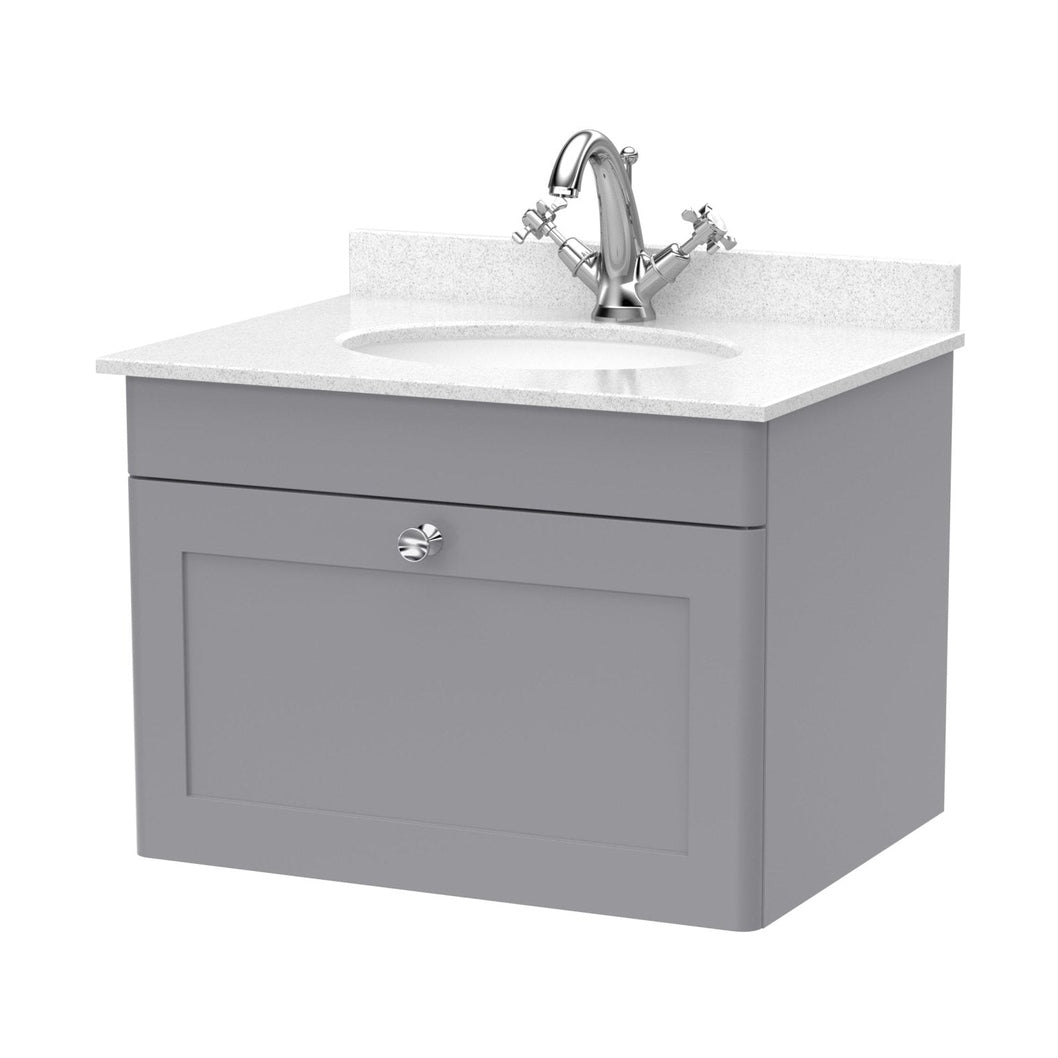 Nuie Classique 600mm Wall Hung 1 Drawer Vanity & Marble Top 1th Traditional Satin Grey MFC Painted Matt 445x620x463mm - CLC294WR1 - JJ Building Materials