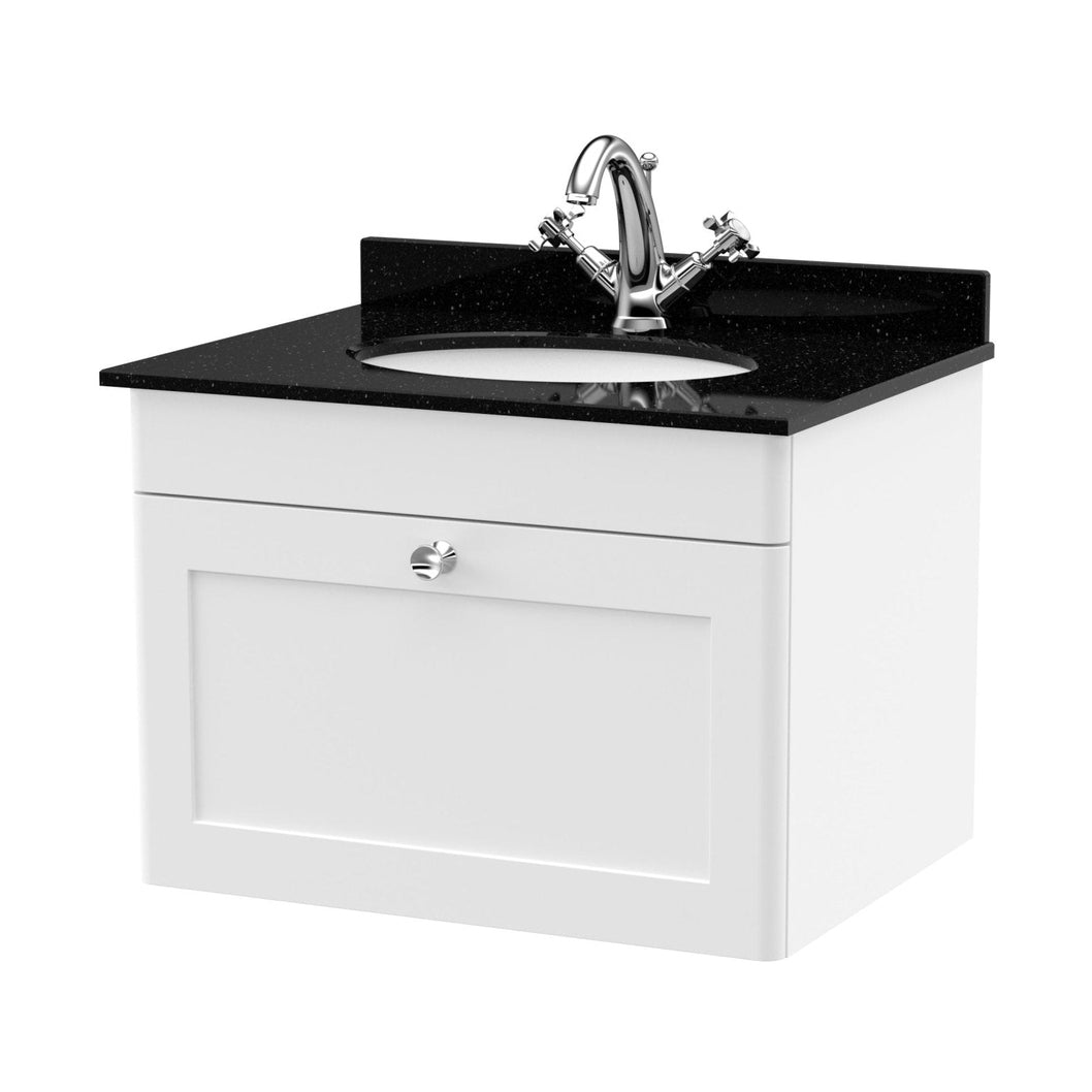 Nuie Classique 600mm Wall Hung 1 Drawer Vanity & Marble Top 1th Traditional Satin White MFC Painted Matt 445x620x463mm - CLC194BR1 - JJ Building Materials