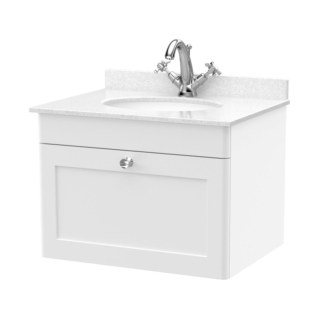 Nuie Classique 600mm Wall Hung 1 Drawer Vanity & Marble Top 1th Traditional Satin White MFC Painted Matt 445x620x463mm - CLC194WR1 - JJ Building Materials
