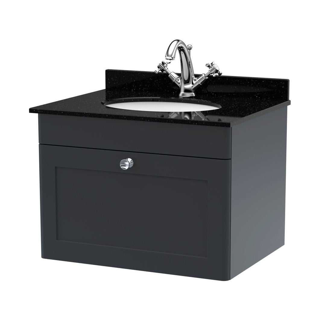 Nuie Classique 600mm Wall Hung 1 Drawer Vanity & Marble Top 1th Traditional Soft Black MFC Painted Matt 445x620x463mm - CLC1494BR1 - JJ Building Materials