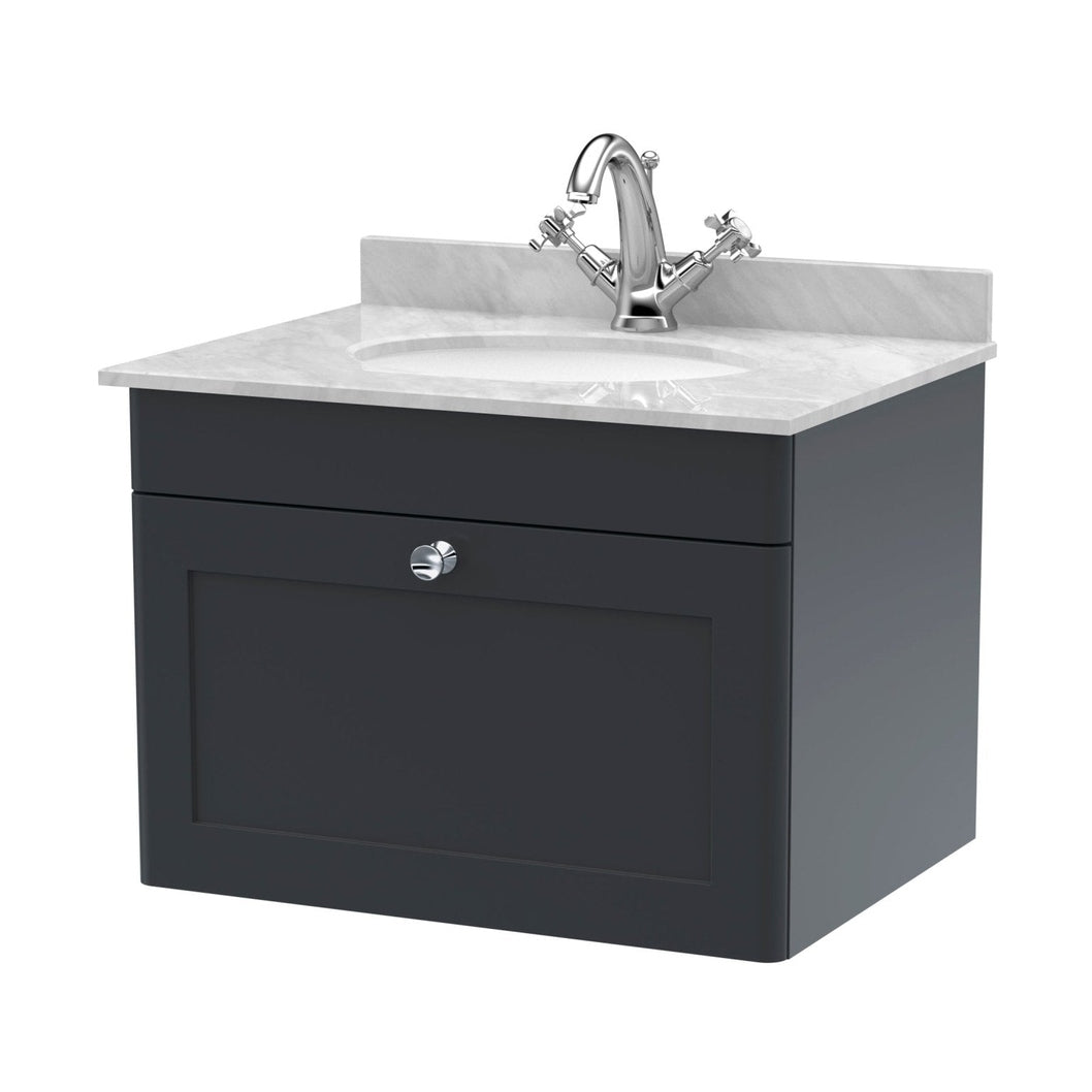 Nuie Classique 600mm Wall Hung 1 Drawer Vanity & Marble Top 1th Traditional Soft Black MFC Painted Matt 445x620x463mm - CLC1494GR1 - JJ Building Materials