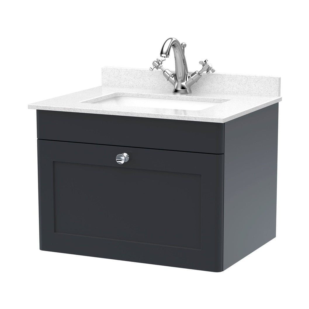 Nuie Classique 600mm Wall Hung 1 Drawer Vanity & Marble Top 1th Traditional Soft Black MFC Painted Matt 445x620x463mm - CLC1494WS1 - JJ Building Materials