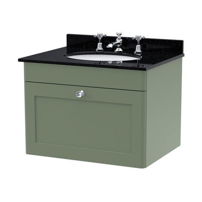 Nuie Classique 600mm Wall Hung 1 Drawer Vanity & Marble Top 3th Traditional Satin Green MFC Painted Matt 445x620x463mm - CLC894BR3 - JJ Building Materials