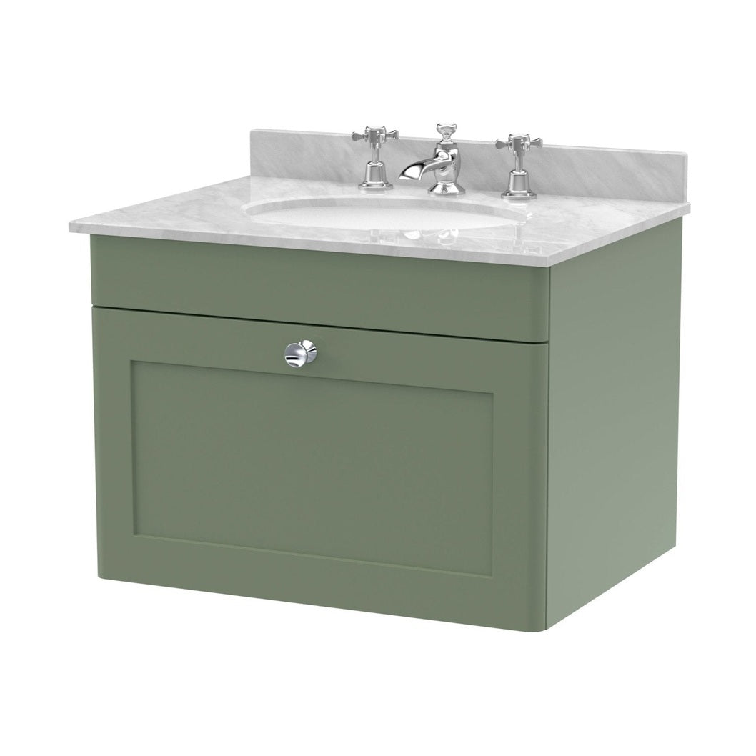 Nuie Classique 600mm Wall Hung 1 Drawer Vanity & Marble Top 3th Traditional Satin Green MFC Painted Matt 445x620x463mm - CLC894GR3 - JJ Building Materials