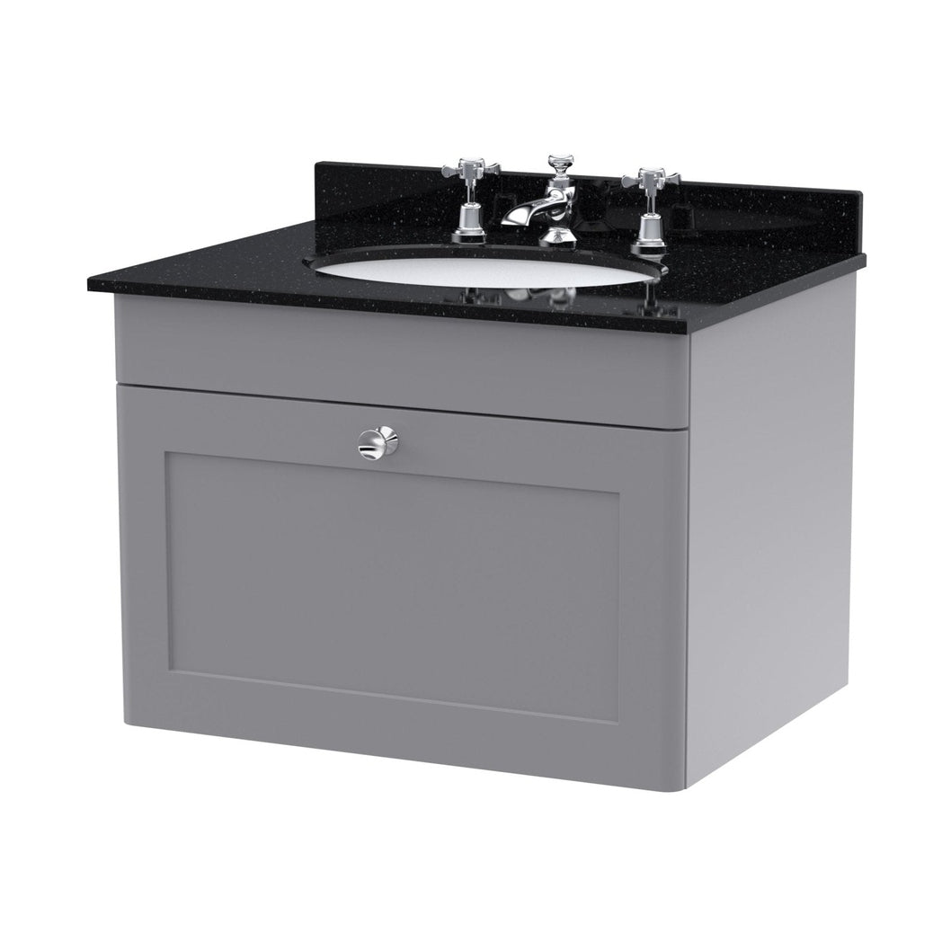 Nuie Classique 600mm Wall Hung 1 Drawer Vanity & Marble Top 3th Traditional Satin Grey MFC Painted Matt 445x620x463mm - CLC294BR3 - JJ Building Materials