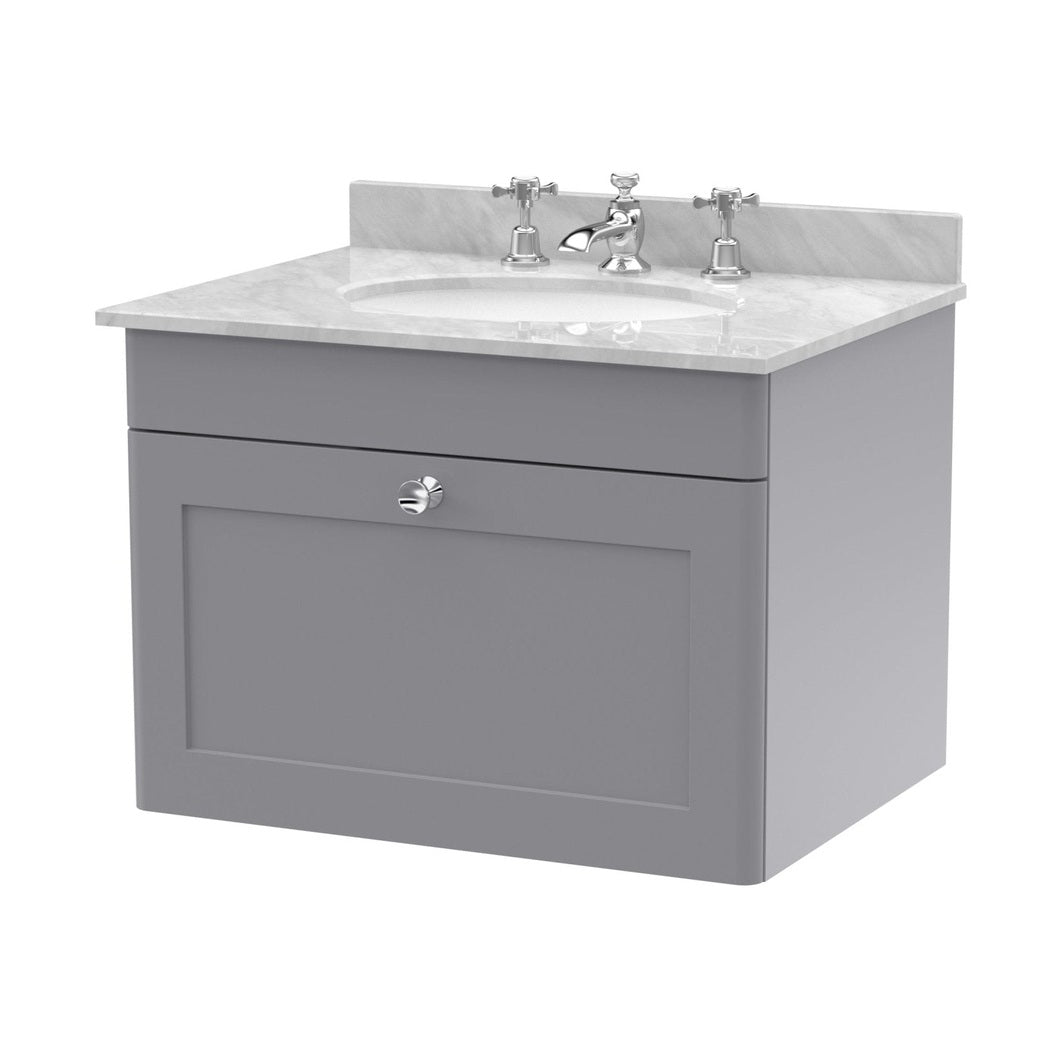Nuie Classique 600mm Wall Hung 1 Drawer Vanity & Marble Top 3th Traditional Satin Grey MFC Painted Matt 445x620x463mm - CLC294GR3 - JJ Building Materials