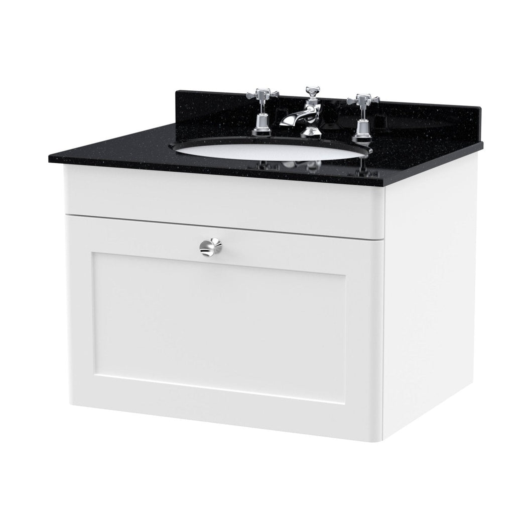 Nuie Classique 600mm Wall Hung 1 Drawer Vanity & Marble Top 3th Traditional Satin White MFC Painted Matt 445x620x463mm - CLC194BR3 - JJ Building Materials