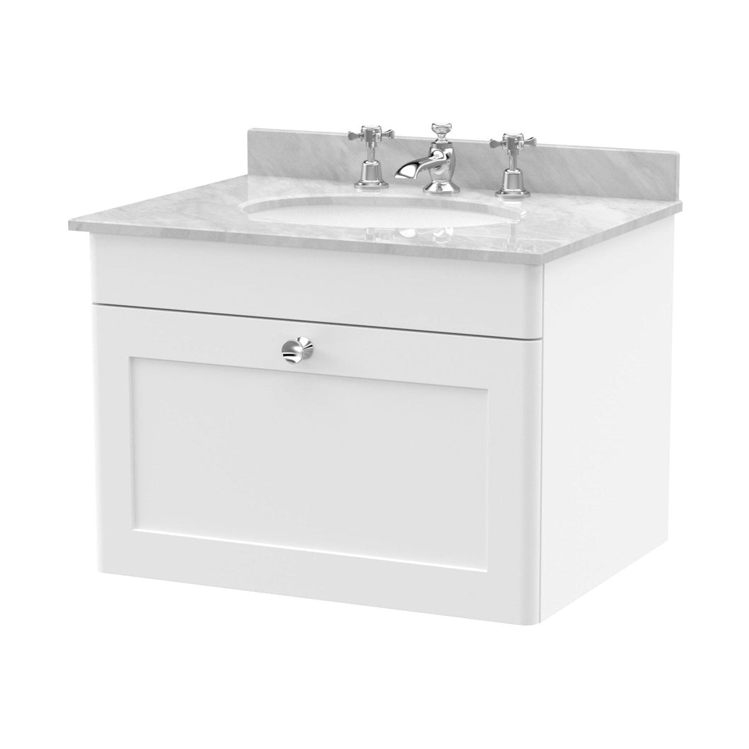 Nuie Classique 600mm Wall Hung 1 Drawer Vanity & Marble Top 3th Traditional Satin White MFC Painted Matt 445x620x463mm - CLC194GR3 - JJ Building Materials