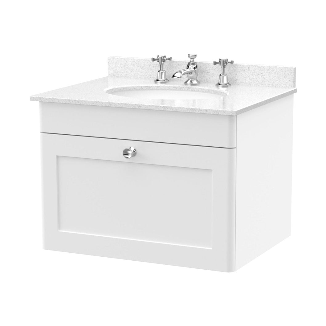 Nuie Classique 600mm Wall Hung 1 Drawer Vanity & Marble Top 3th Traditional Satin White MFC Painted Matt 445x620x463mm - CLC194WR3 - JJ Building Materials