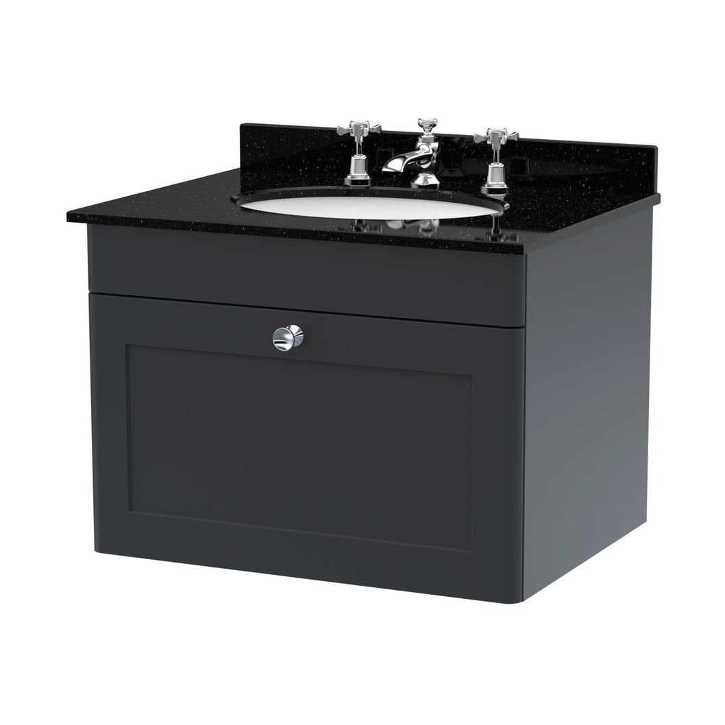 Nuie Classique 600mm Wall Hung 1 Drawer Vanity & Marble Top 3th Traditional Soft Black MFC Painted Matt 445x620x463mm - CLC1494BR3 - JJ Building Materials
