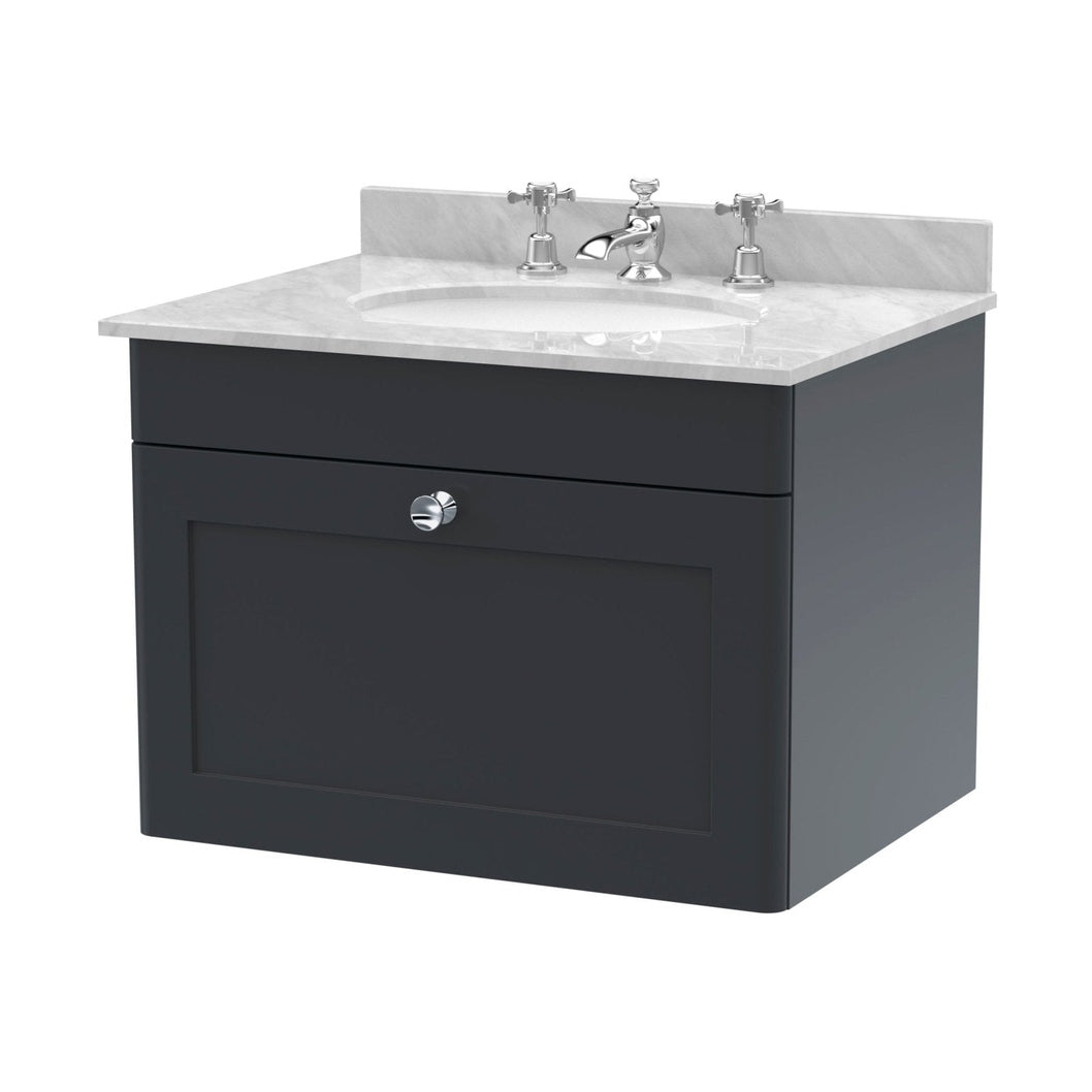 Nuie Classique 600mm Wall Hung 1 Drawer Vanity & Marble Top 3th Traditional Soft Black MFC Painted Matt 445x620x463mm - CLC1494GR3 - JJ Building Materials