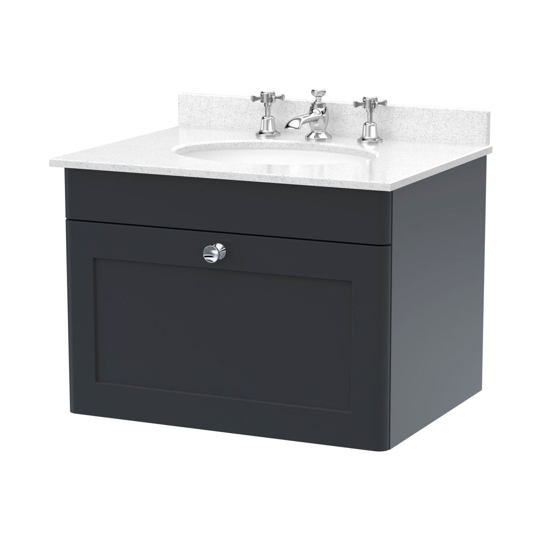Nuie Classique 600mm Wall Hung 1 Drawer Vanity & Marble Top 3th Traditional Soft Black MFC Painted Matt 445x620x463mm - CLC1494WR3 - JJ Building Materials