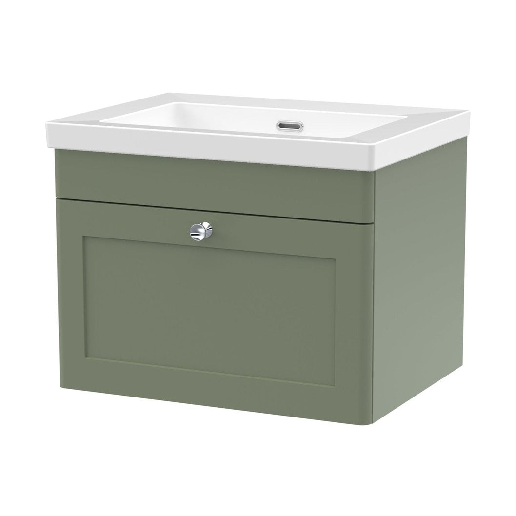 Nuie Classique 600mm Wall Hung 1-drawer Vanity With Basin - 0 Tap Hole Traditional Satin Green Fireclay 476x613x462mm - JJ Building Materials