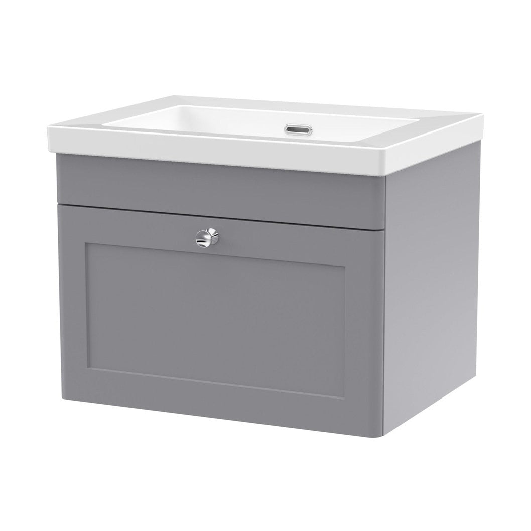 Nuie Classique 600mm Wall Hung 1-drawer Vanity With Basin - 0 Tap Hole Traditional Satin Grey Fireclay 476x613x462mm - JJ Building Materials