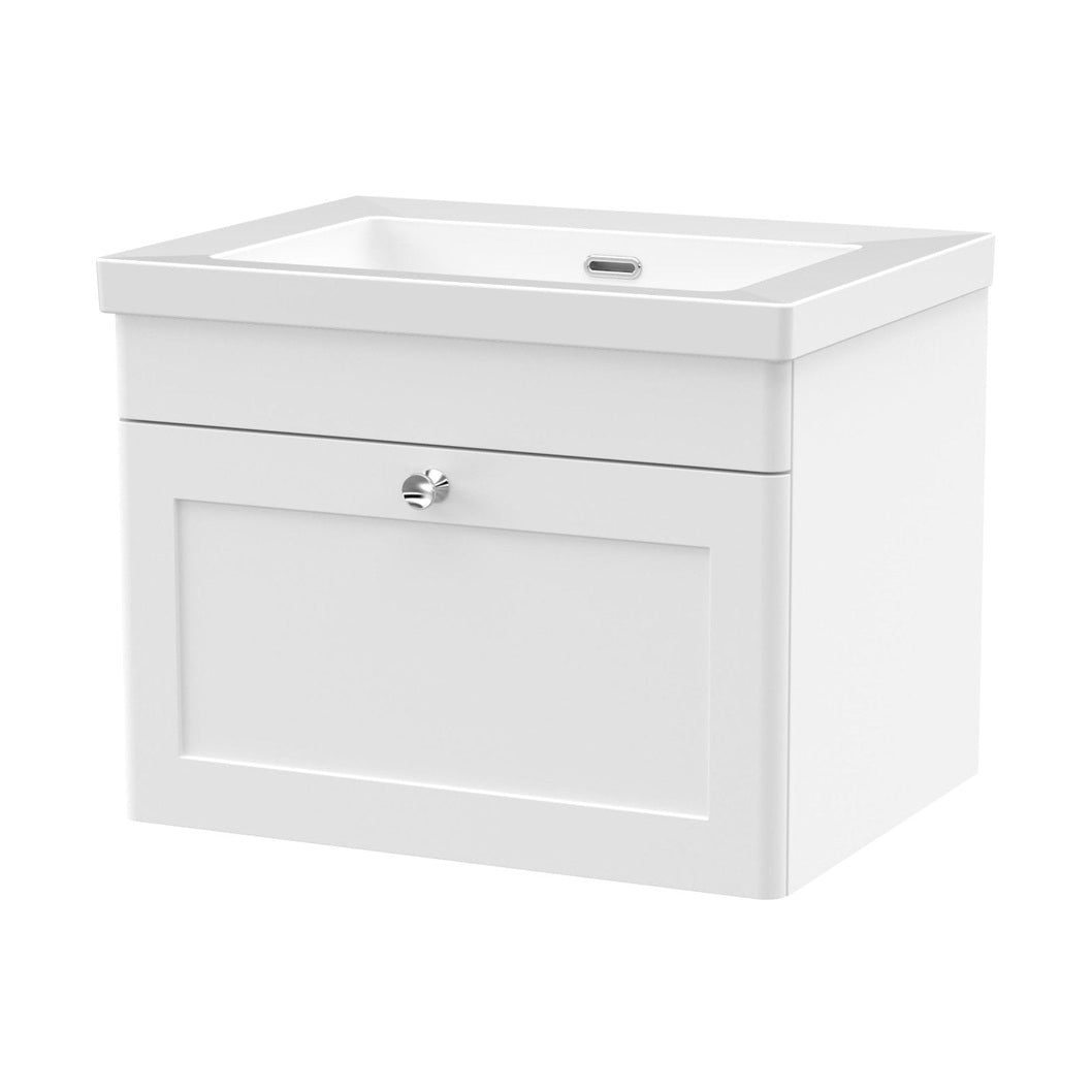 Nuie Classique 600mm Wall Hung 1-drawer Vanity With Basin - 0 Tap Hole Traditional Satin White Fireclay 476x613x462mm - JJ Building Materials