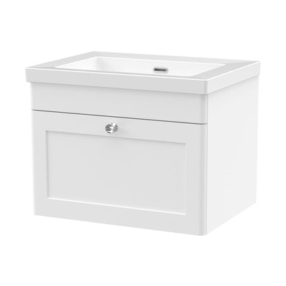 Nuie Classique 600mm Wall Hung 1-drawer Vanity With Basin - 0 Tap Hole Traditional Satin White Fireclay 476x613x462mm - JJ Building Materials