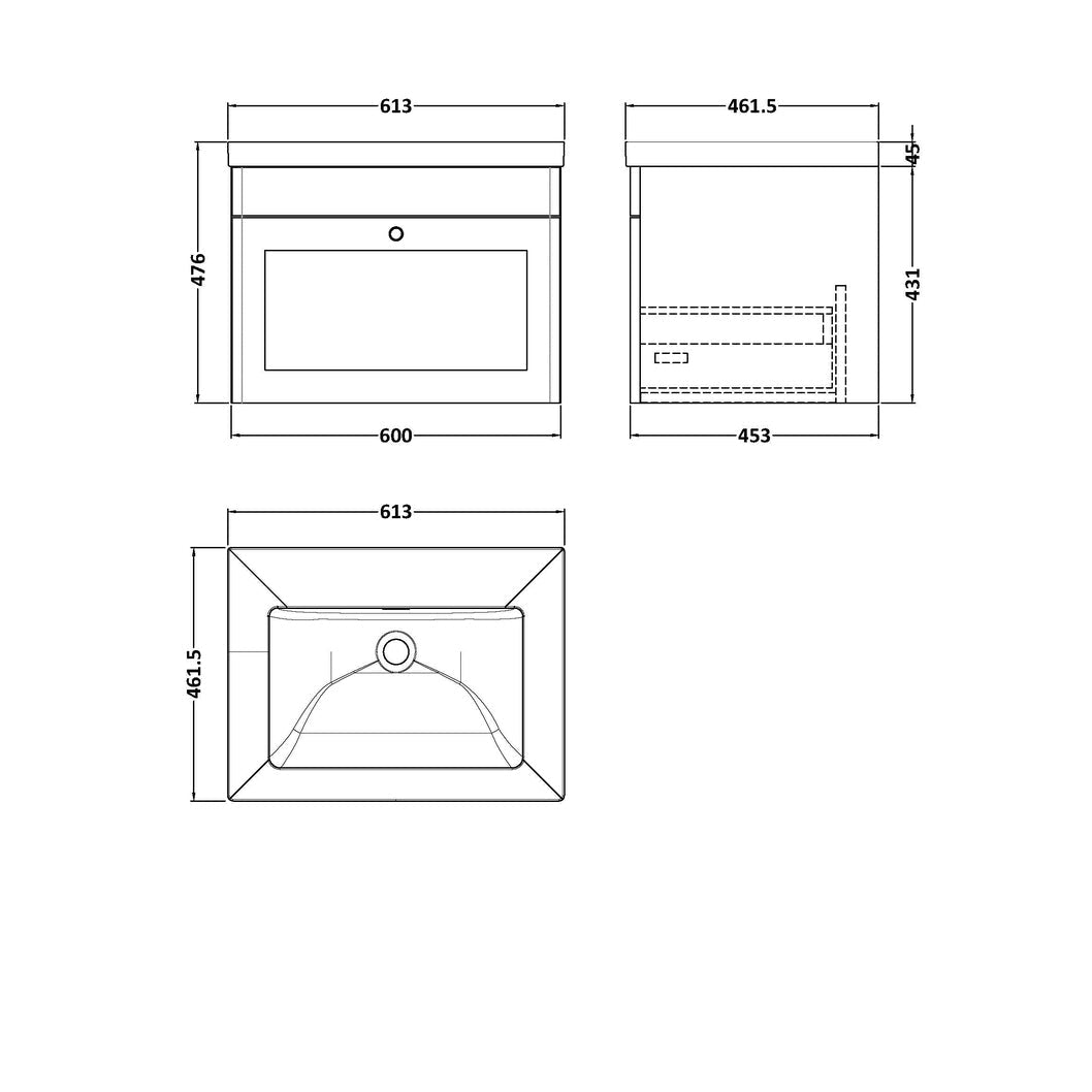 Nuie Classique 600mm Wall Hung 1-drawer Vanity With Basin - 0 Tap Hole Traditional Satin White Fireclay 476x613x462mm - JJ Building Materials