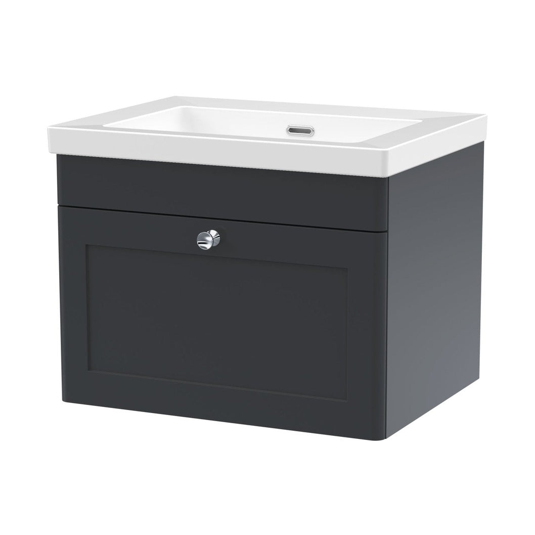 Nuie Classique 600mm Wall Hung 1-drawer Vanity With Basin - 0 Tap Hole Traditional Soft Black Fireclay 476x613x462mm - JJ Building Materials