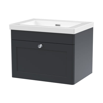 Nuie Classique 600mm Wall Hung 1-drawer Vanity With Basin - 0 Tap Hole Traditional Soft Black Fireclay 476x613x462mm - JJ Building Materials