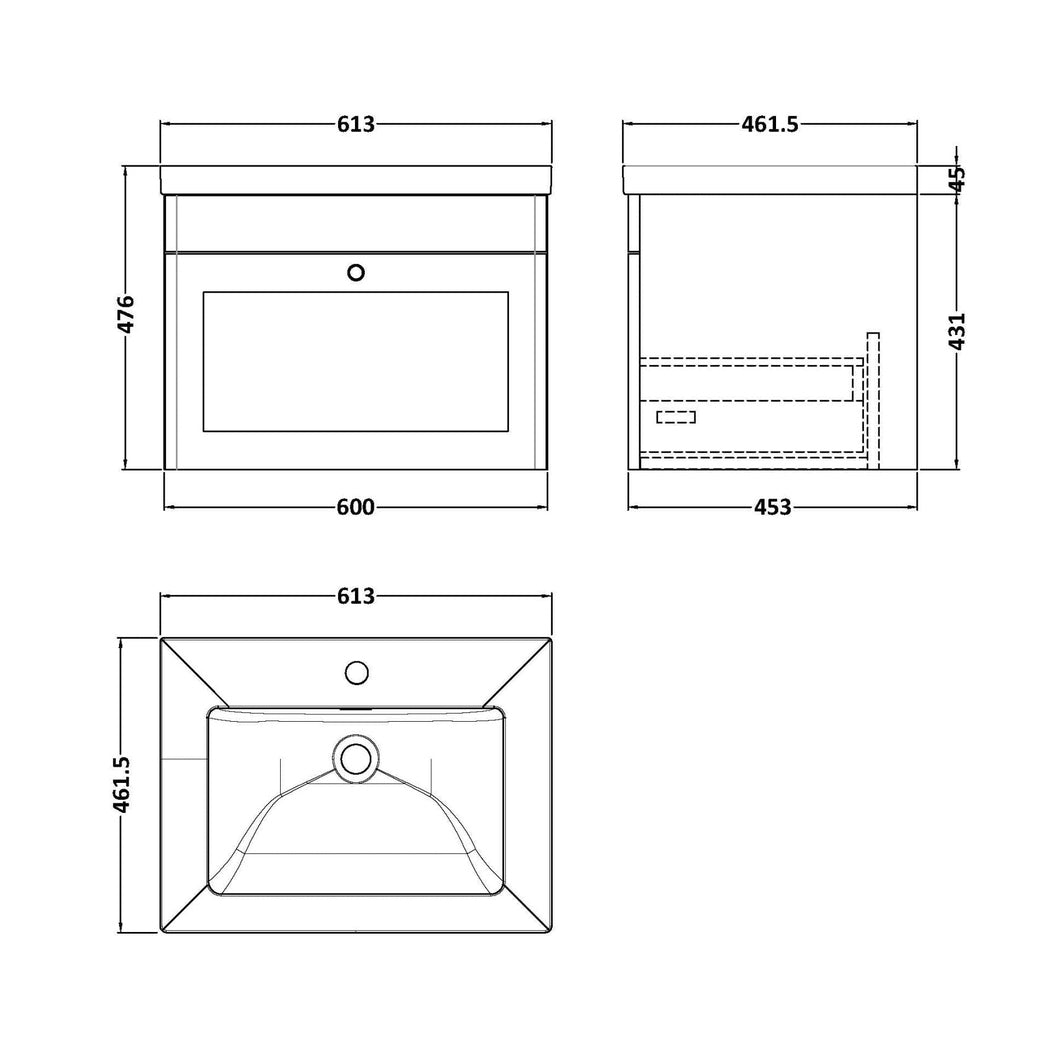 Nuie Classique 600mm Wall Hung 1-drawer Vanity With Basin - 1 Tap Hole Traditional Satin Green Fireclay 476x613x462mm - JJ Building Materials